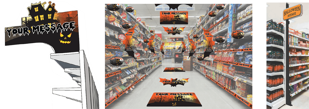 signs in a store aisle way for halloween