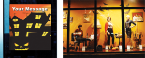 custom point of purchase halloween store banner on the front window
