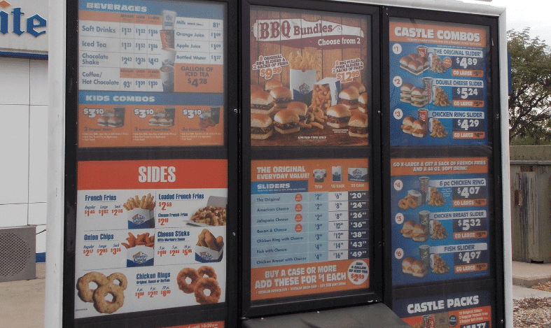 white castle drive thru menu board