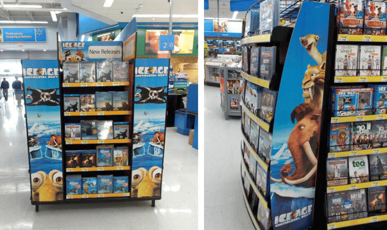 walmart movie section signage and shelving