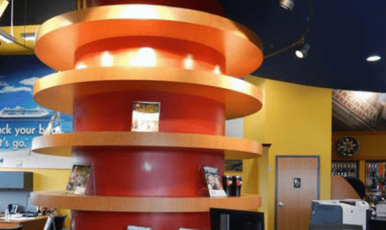 circular shelving on a counter top to the ceiling