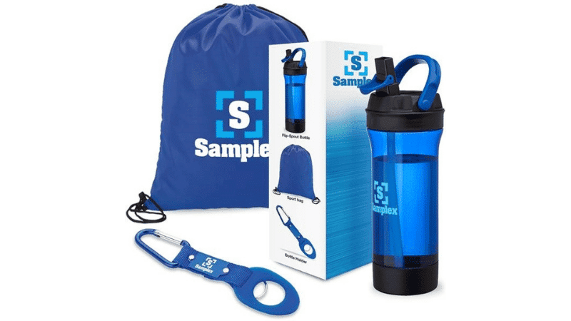 blue bottle bag and earphones promotional products