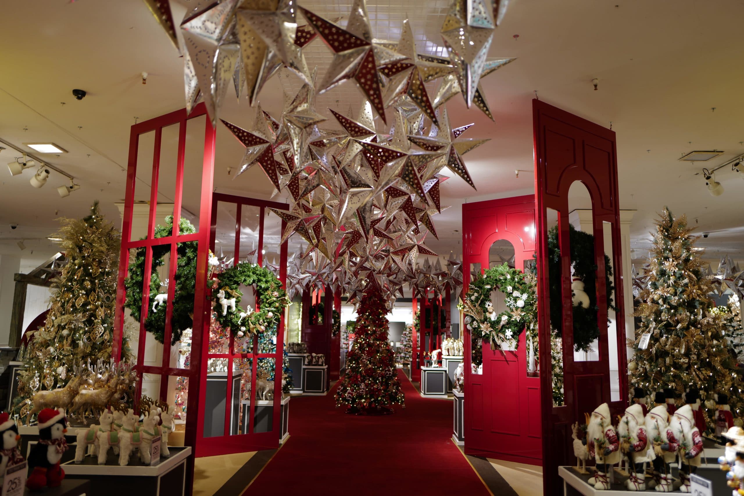 stars and christmas trees in store floor display