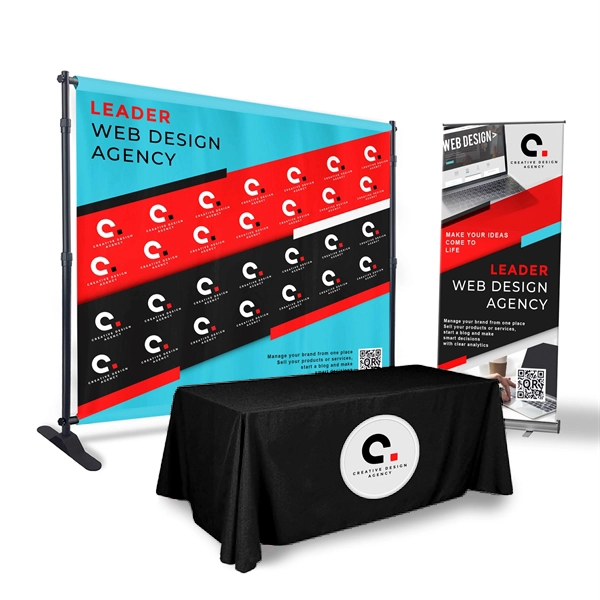 Trade show booth with custom branded table cloth and banners
