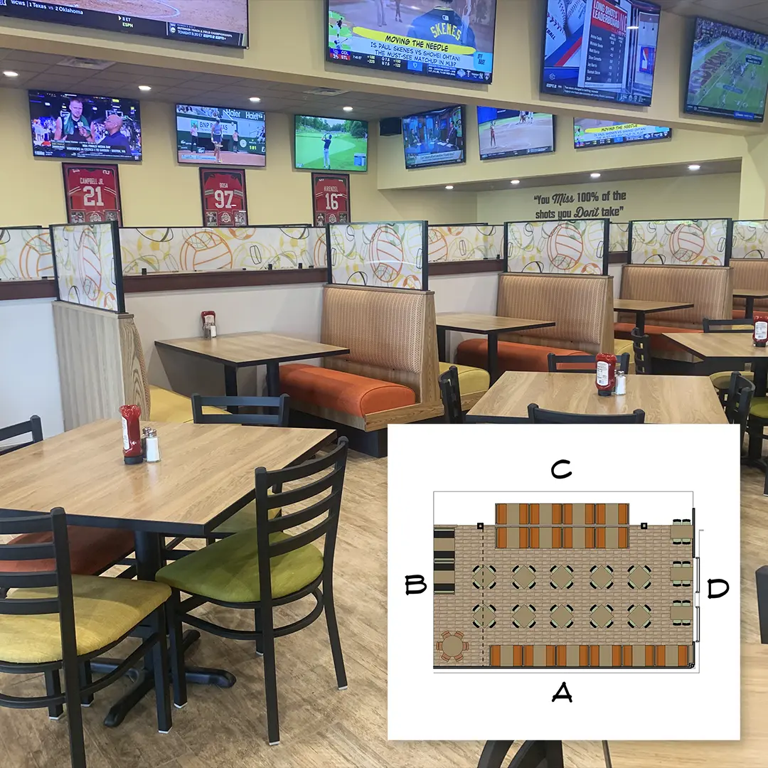 Interior of a sports bar/grill with tables, chairs, booths and wall-mounted TVs. The floorplan of the room is overlaid in the corner of the image.