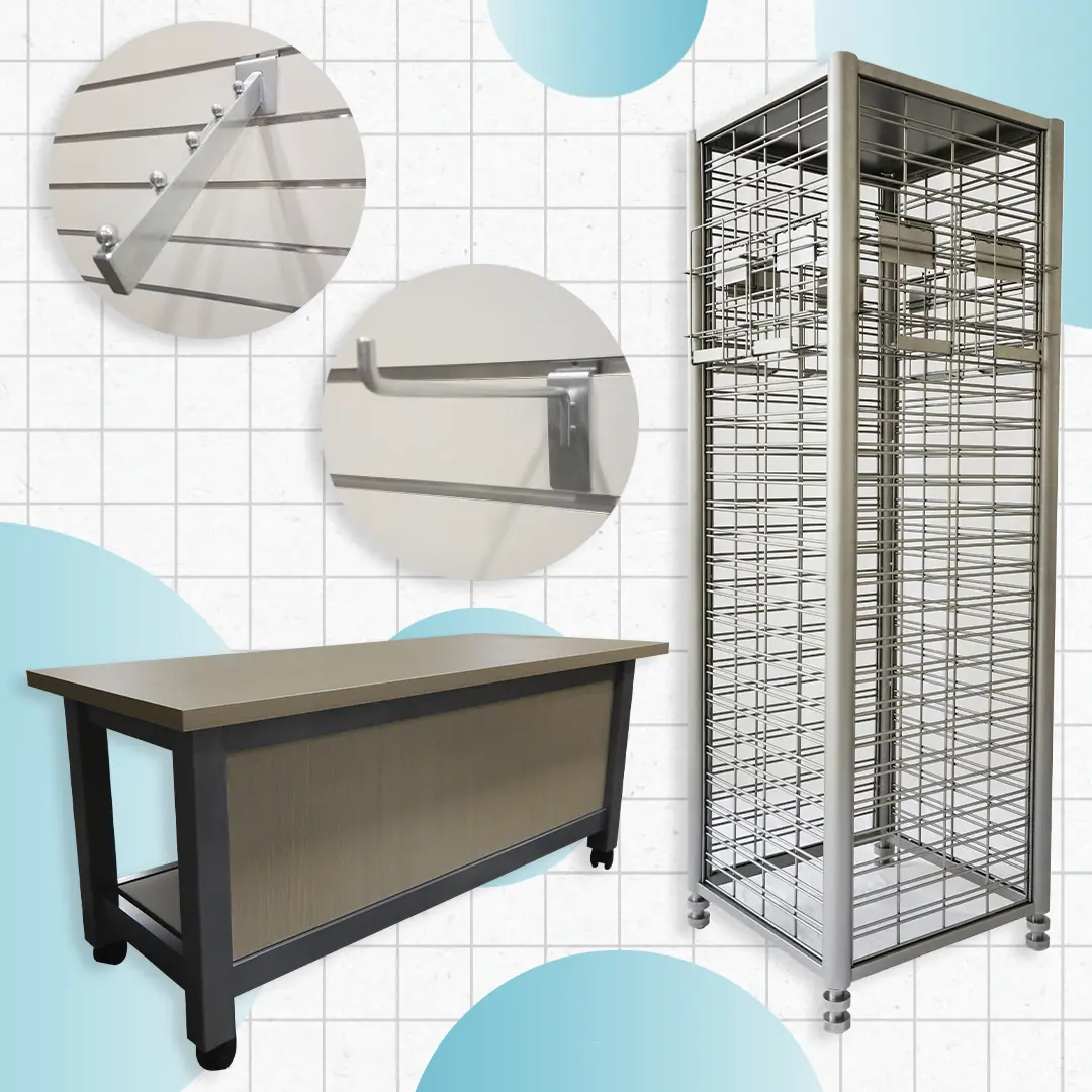Collage of global import fixtures and hardware, including a wheeled table and several different kinds of hanging racks