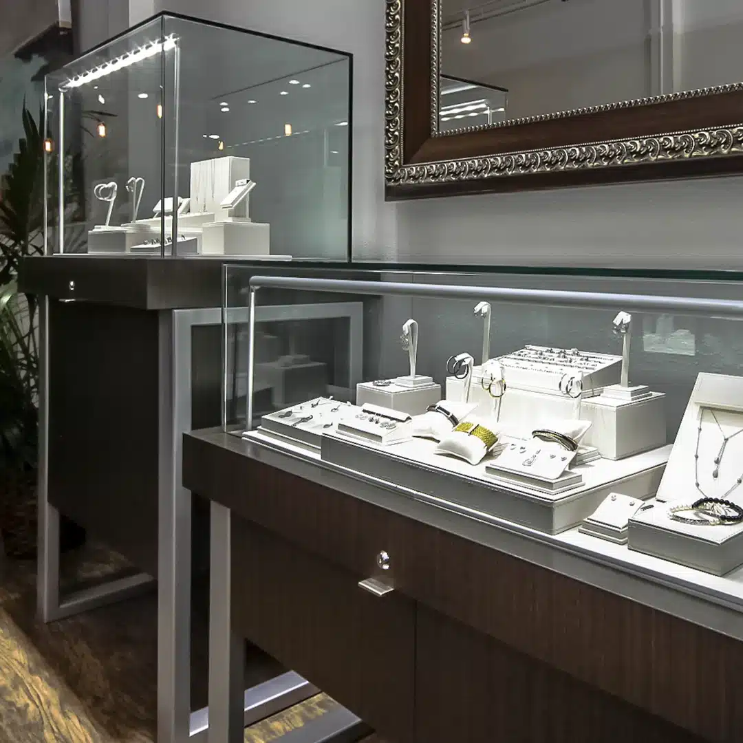 Glass case permanent fixtures in a jewelry store
