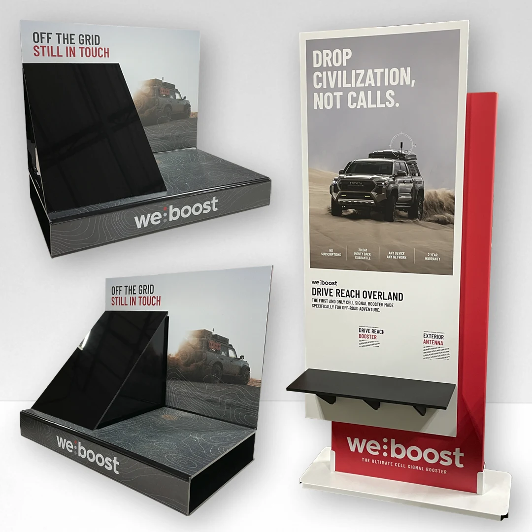 Collage of acrylic and metal semi-permanent point-of-purchase displays