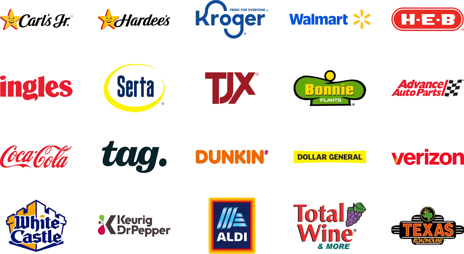 Collage of company logos, including Hardee's, Kroger, Coca Cola, and more.