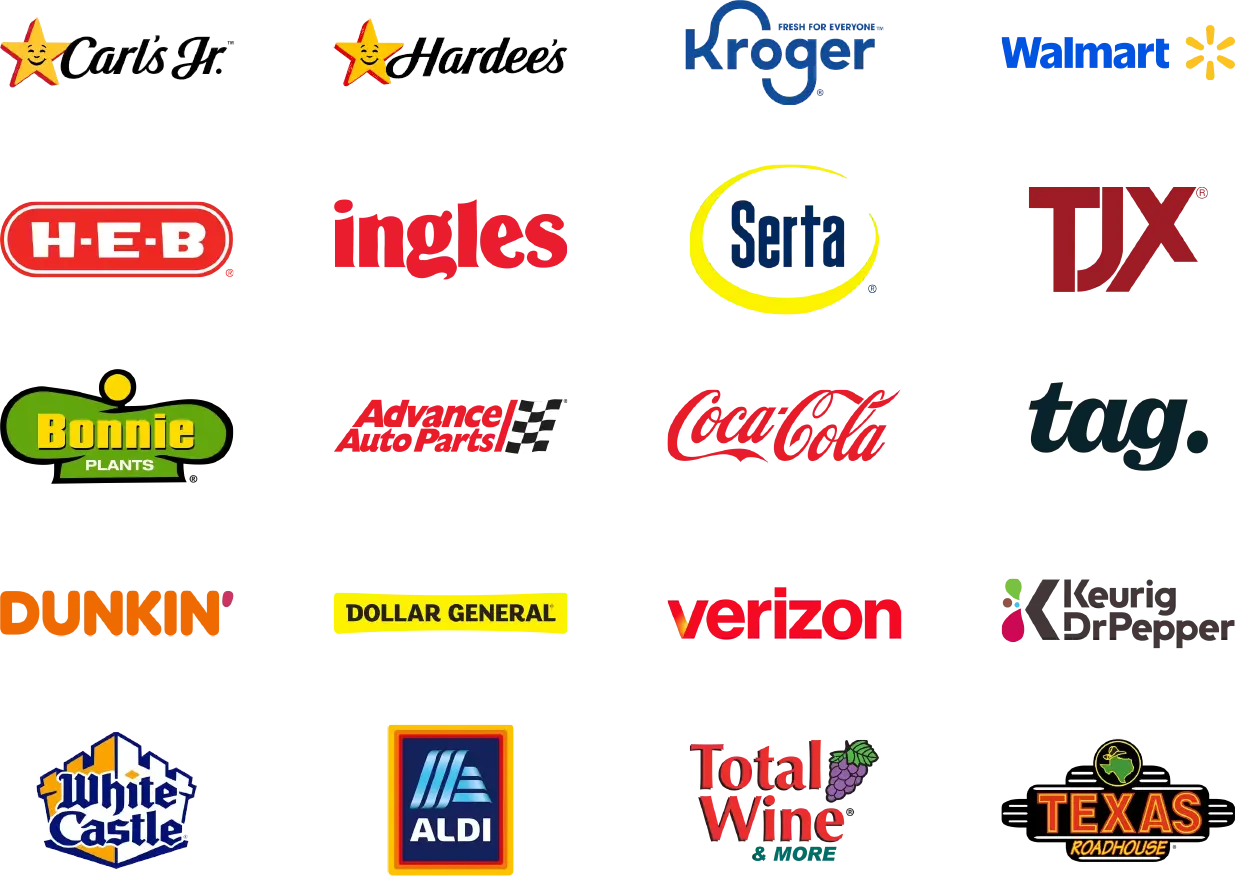 Collage of company logos, including Hardee's, Kroger, Coca Cola, and more.