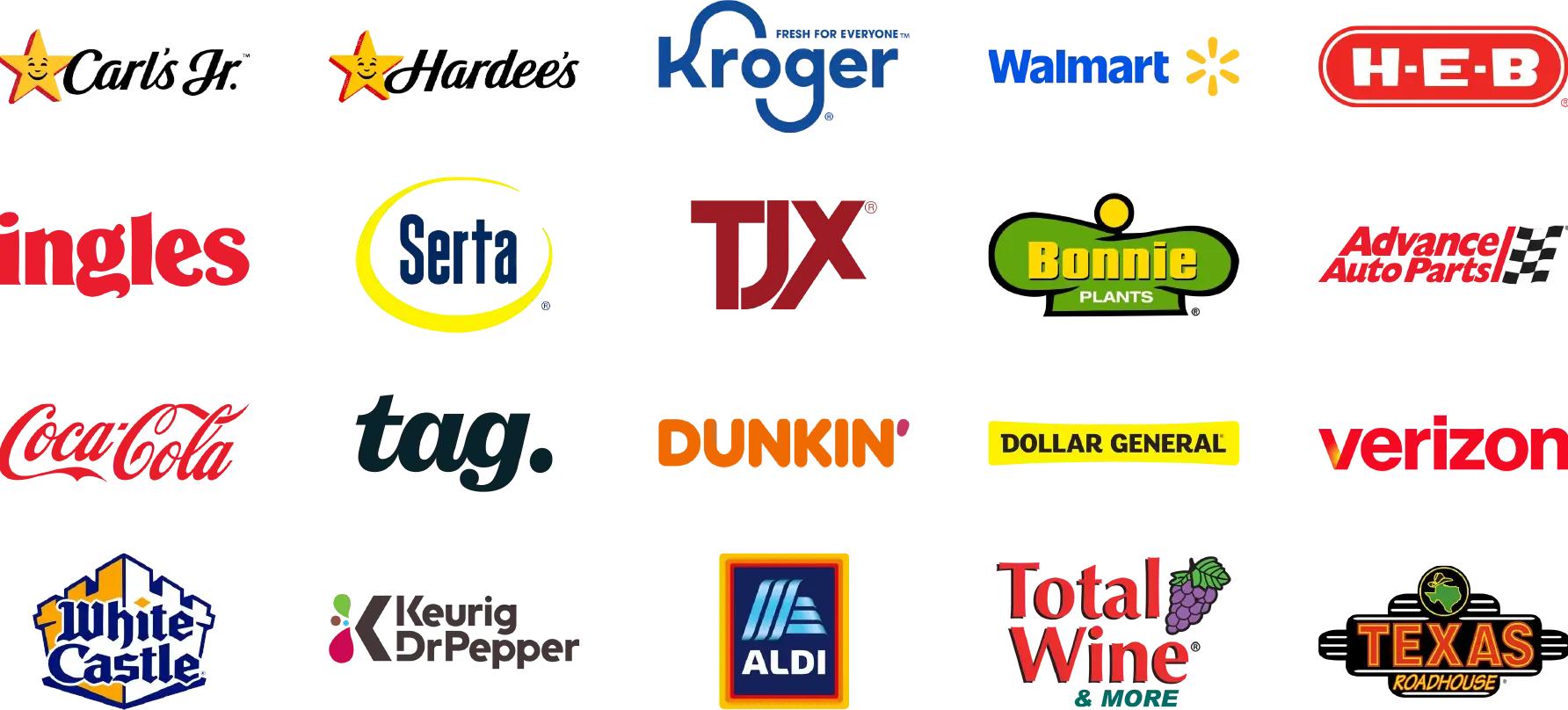 Collage of company logos, including Hardee's, Kroger, Coca Cola, and more.