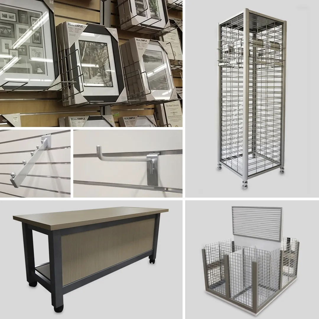 Collage of global import fixtures and hardware, including a wheeled table and several different kinds of hanging racks