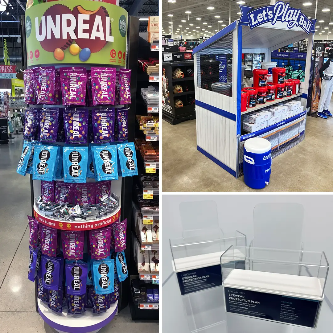 Collage of acrylic and metal semi-permanent point-of-purchase displays