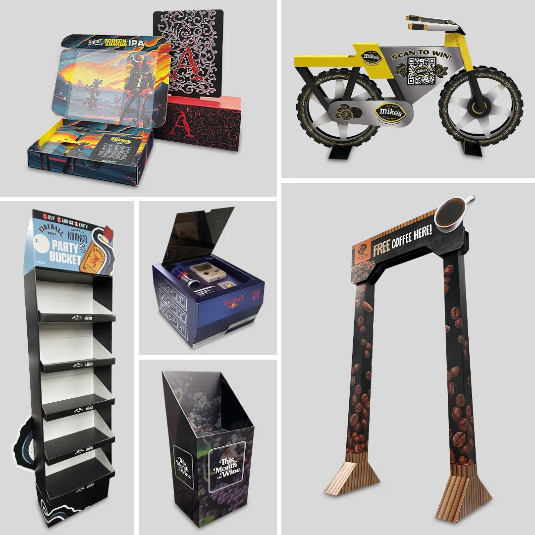 Collage of printed corrugate point-of-purchase displays