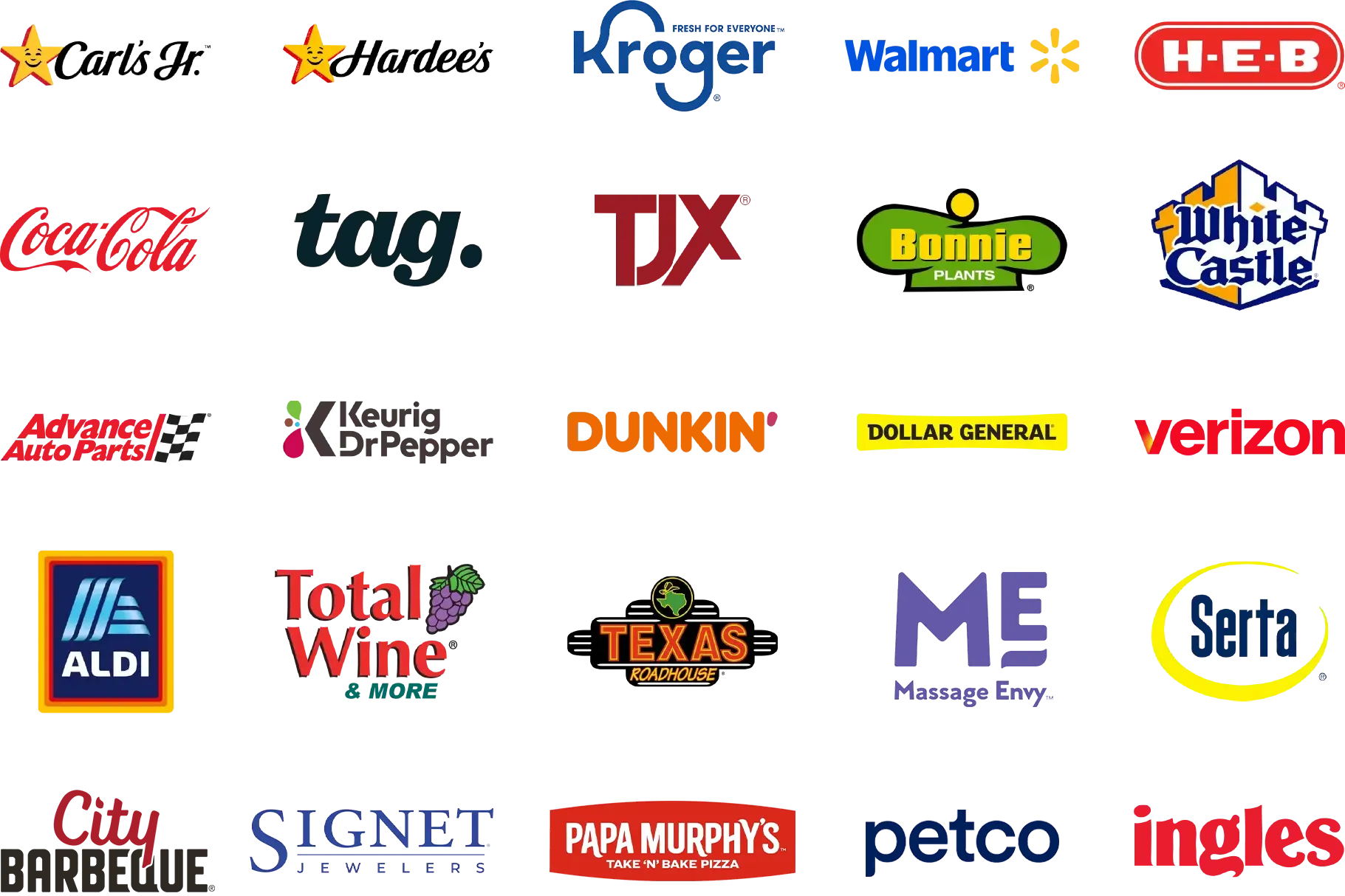 Collage of company logos, including Hardee's, Kroger, Coca Cola, and more.