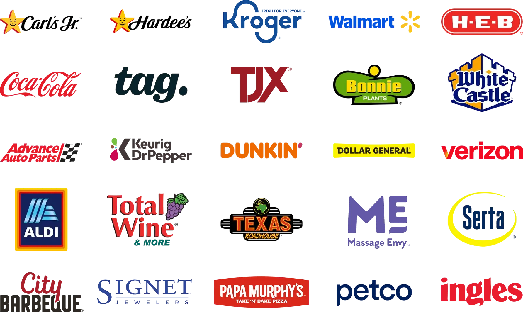 Collage of company logos, including Hardee's, Kroger, Coca Cola, and more.