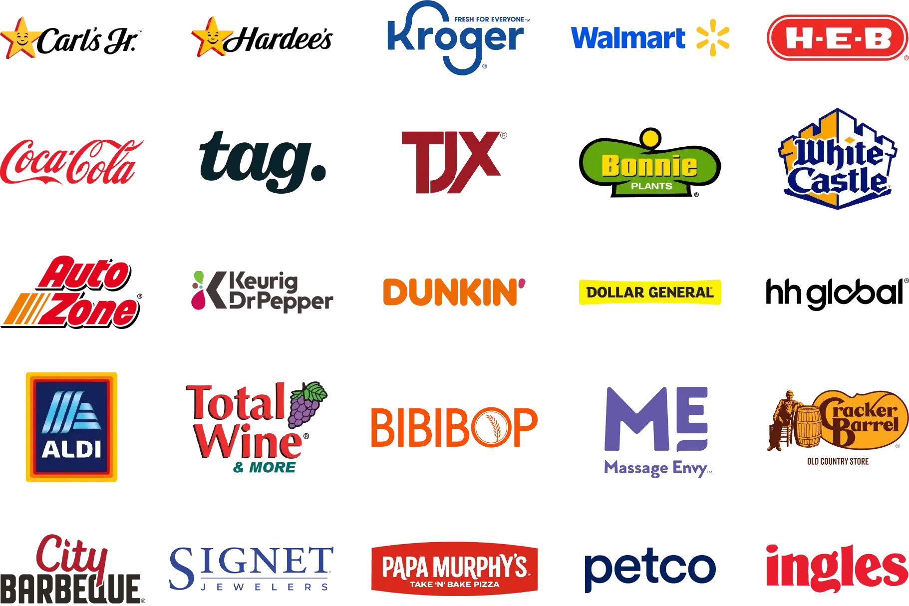 Collage of company logos, including Hardee's, Kroger, Coca Cola, and more.