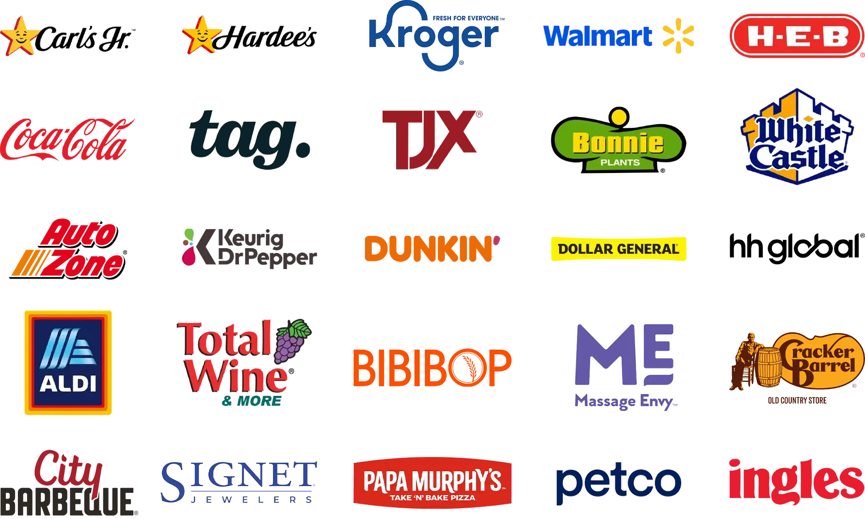 Collage of company logos, including Hardee's, Kroger, Coca Cola, and more.